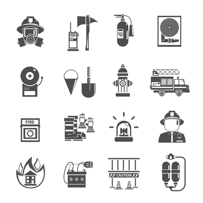 Fire icon flat black set with water hydrant alarm firefighter helmet isolated vector illustration