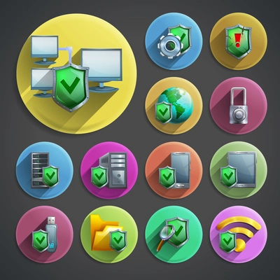 Data protection and computer security cartoon round icons set with shield and networks on black background  shadow isolated vector illustration