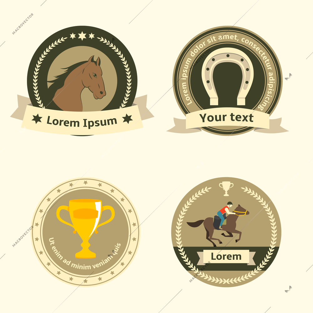 Horseback riding flat badges and labels of horse rider equestrian sport dressage and horseshoe isolated vector illustration