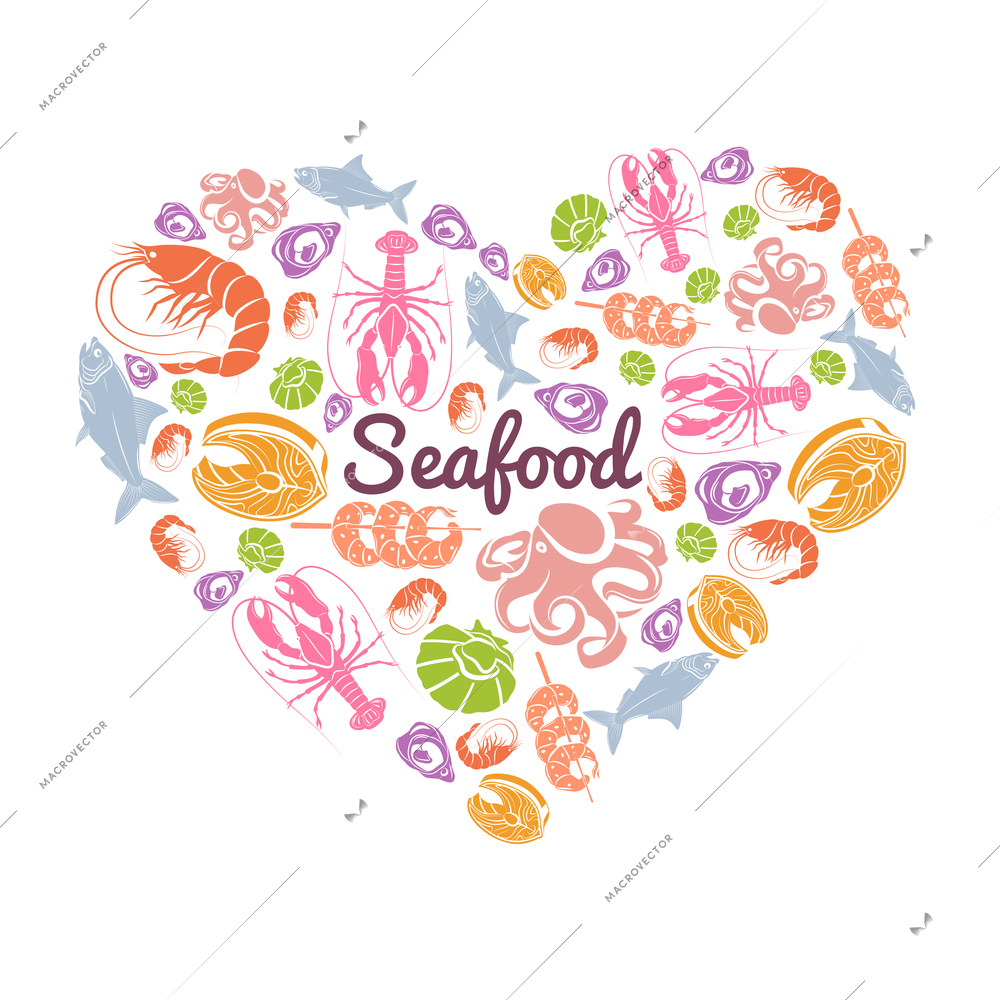 Love seafood concept with fish and sea animals in heart shape vector illustration