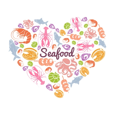 Love seafood concept with fish and sea animals in heart shape vector illustration