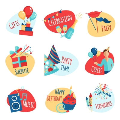 Party emblems set with gifts celebration and music symbols isolated vector illustration