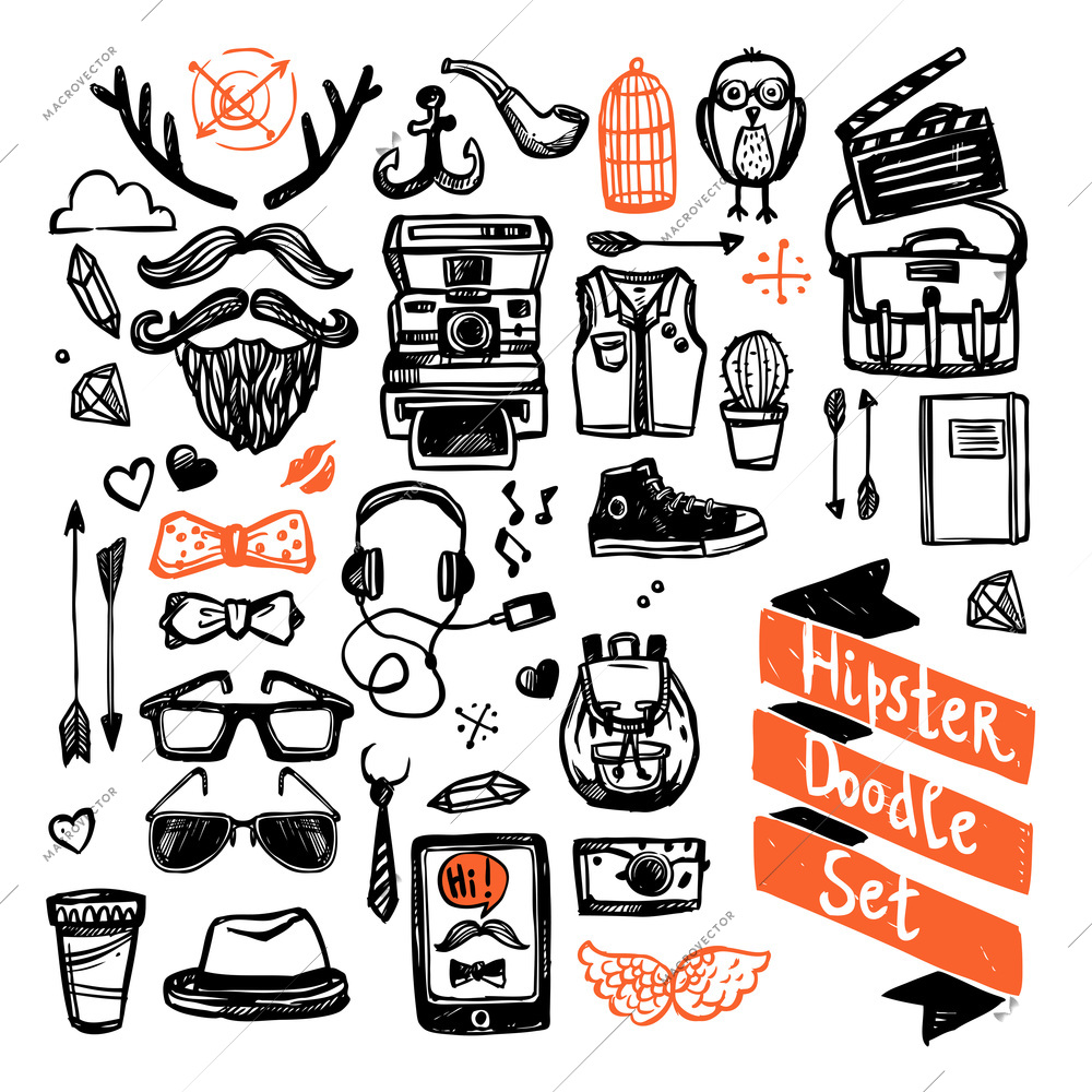 Sketch hipster set with trendy fashion elements isolated vector illustration