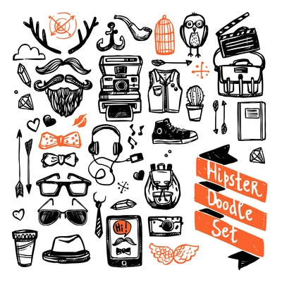 Sketch hipster set with trendy fashion elements isolated vector illustration