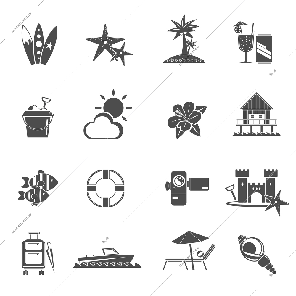 Beach icons black set with sea holidays and relaxation symbols isolated vector illustration