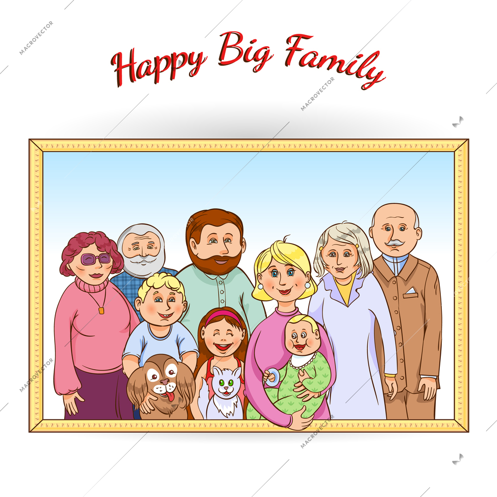 Happy family tree generations framed portrait poster with grandparents children baby pets and toys abstract vector illustration