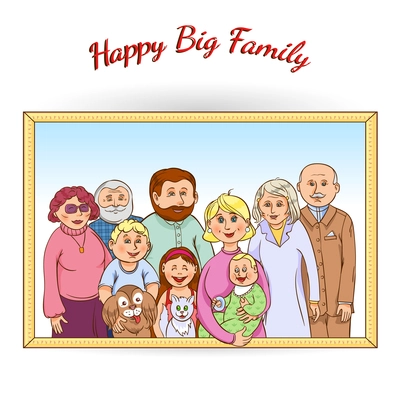 Happy family tree generations framed portrait poster with grandparents children baby pets and toys abstract vector illustration