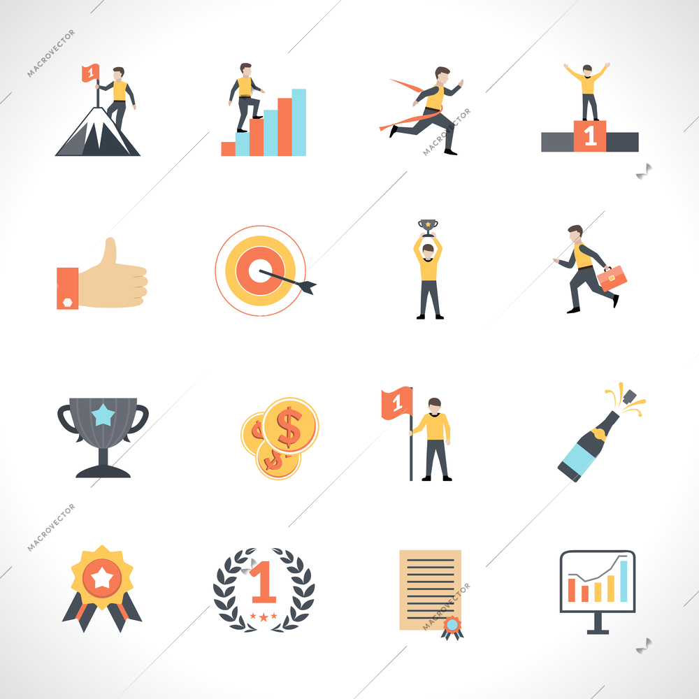 Success in business and education flat icons set isolated vector illustration