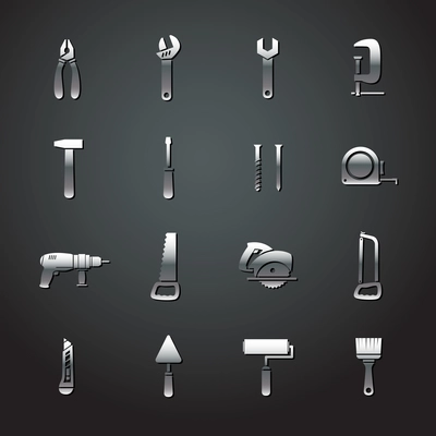 Collection of metal tool stickers of wrench hammer spanner and screw isolated vector illustration