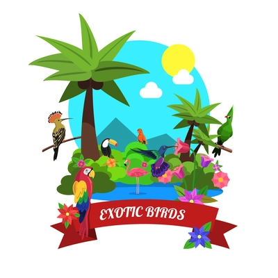 Exotic birds concept with tropical island nature flat vector illustration