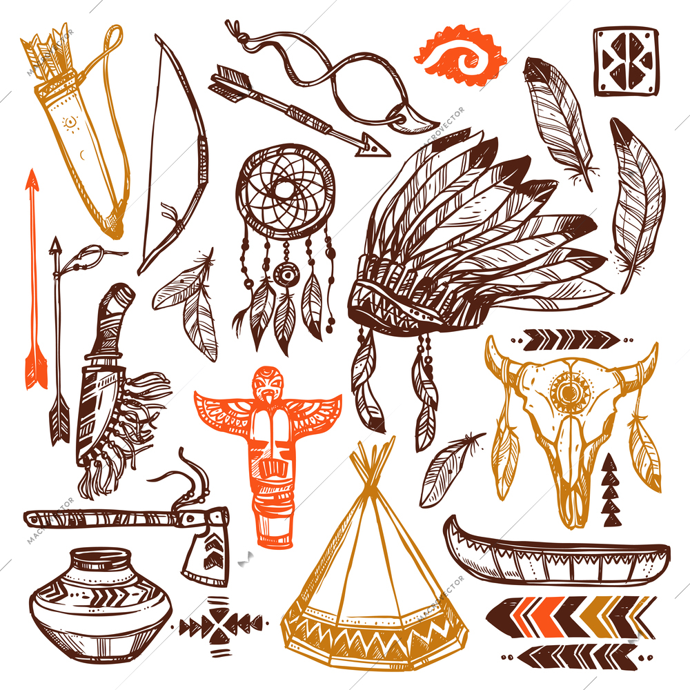 Native americans set with hand drawn feathers headband and traditional patterns isolated vector illustration