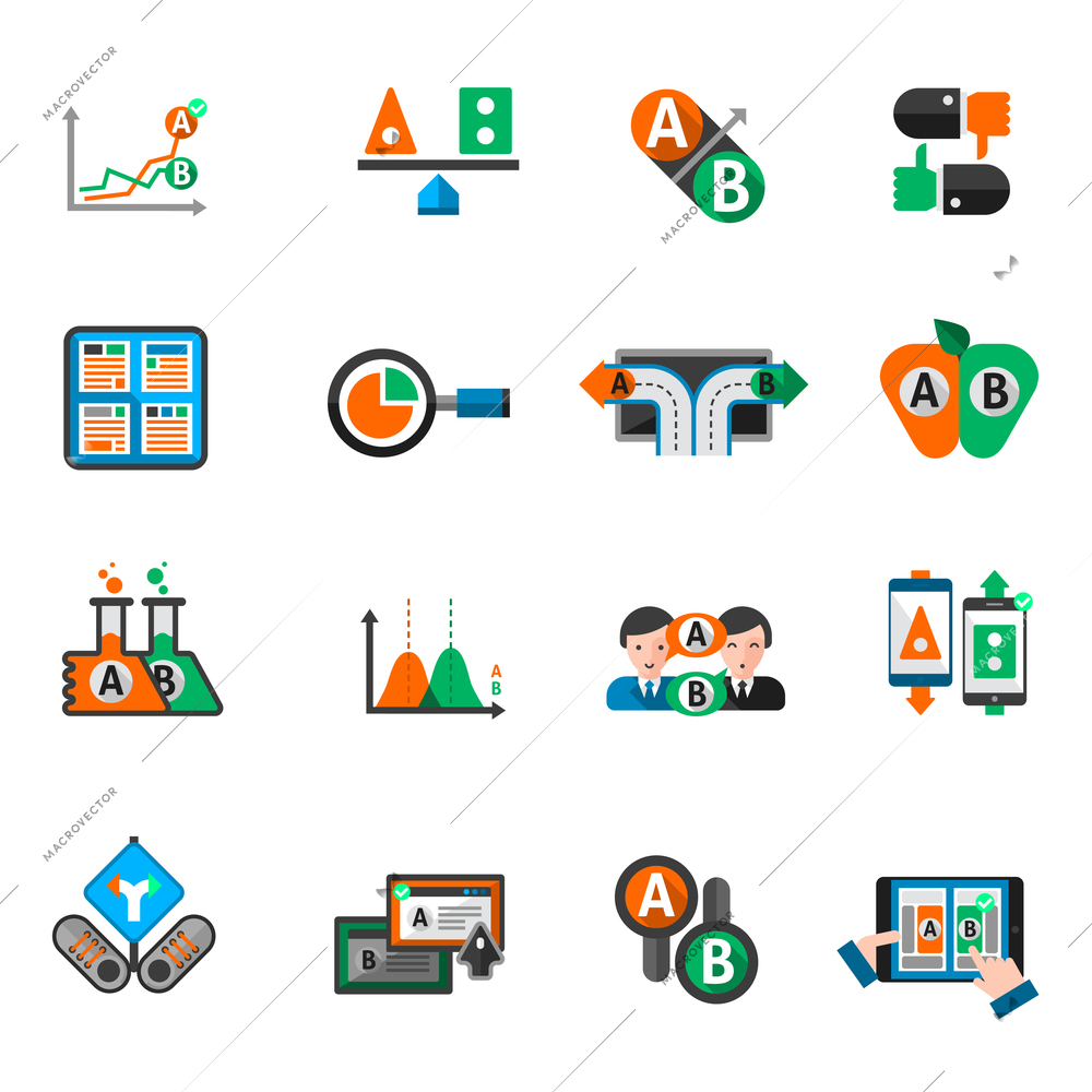 A-b testing split research study icons set isolated vector illustration