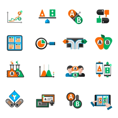 A-b testing split research study icons set isolated vector illustration