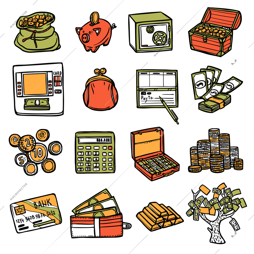 Financial business and money exchange sketch hand drawn icons set isolated vector illustration