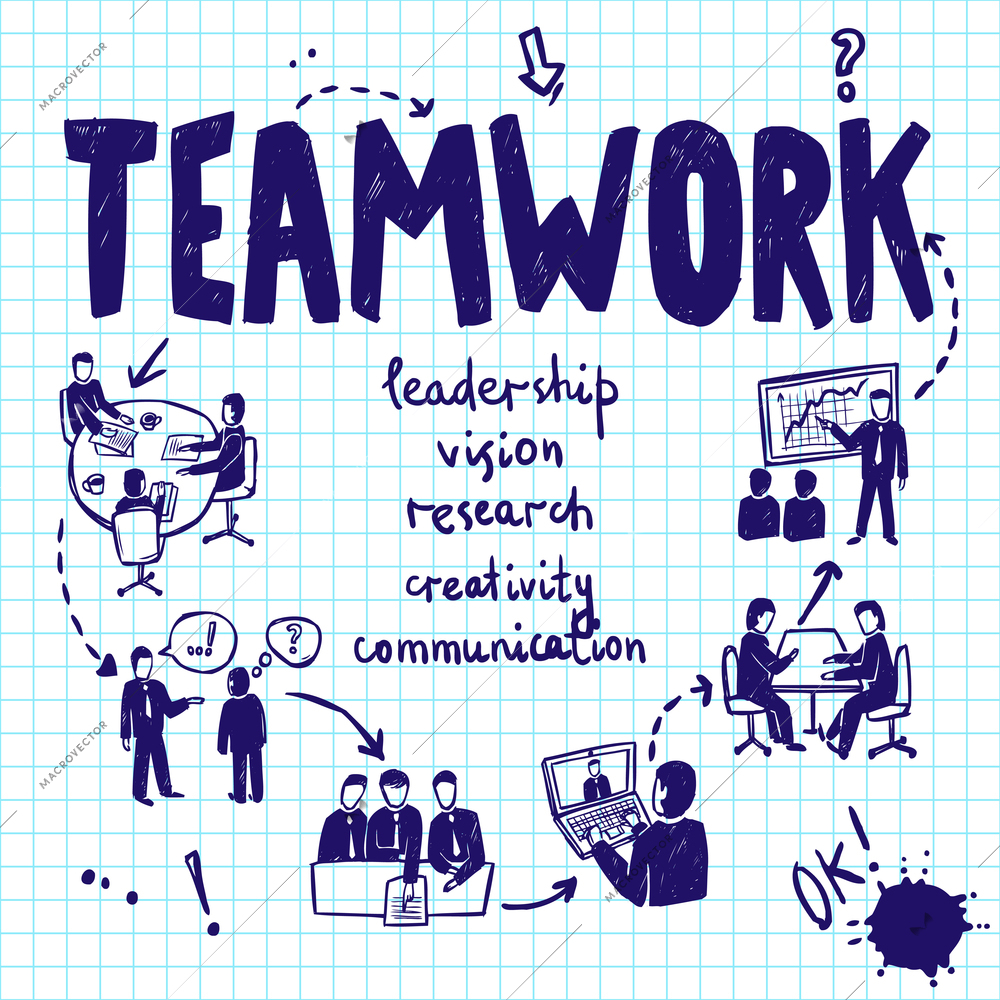 Teamwork design concept with ink drawn business people professional group communication vector illustration