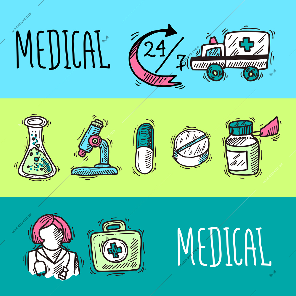 Medical banners set with ambulance doctor and first aid kit elements isolated vector illustration