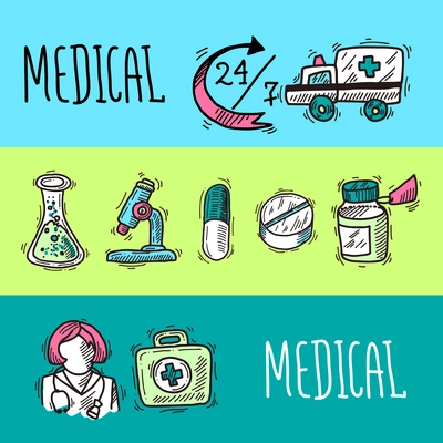 Medical banners set with ambulance doctor and first aid kit elements isolated vector illustration