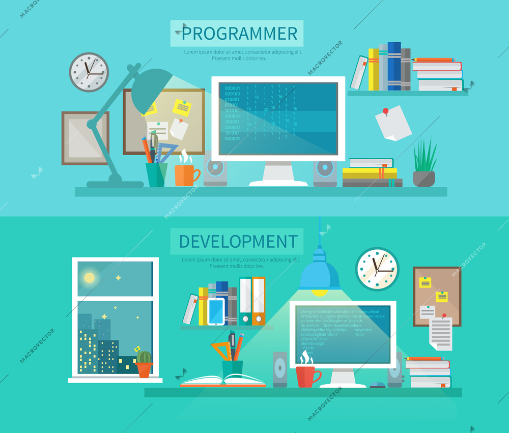 Workspace horizontal banner set with programmer and development elements isolated vector illustration