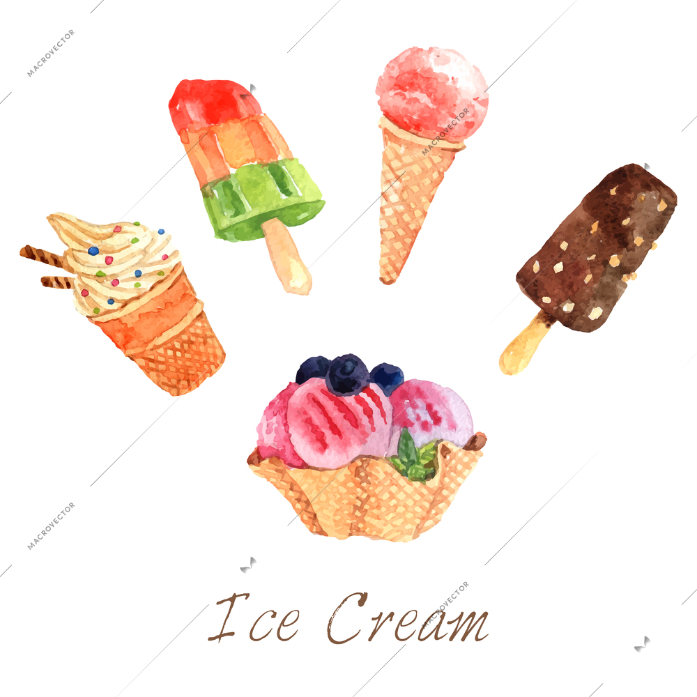 Ice cream cold dairy dessert watercolor set isolated vector illustration