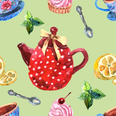 Watercolor tea seamless pattern with teapot lemon and mint vector illustration