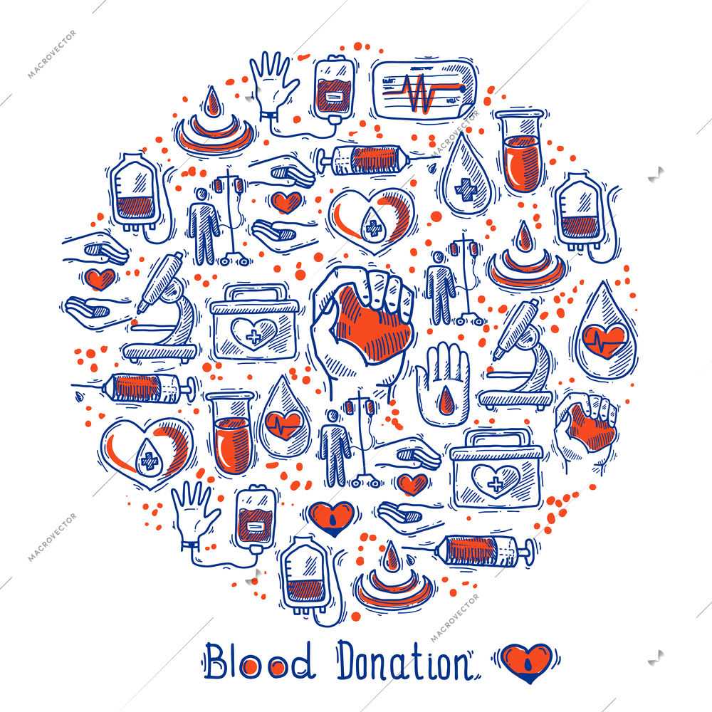 Donor blood donation sketch decorative icons set in circle shape vector illustration