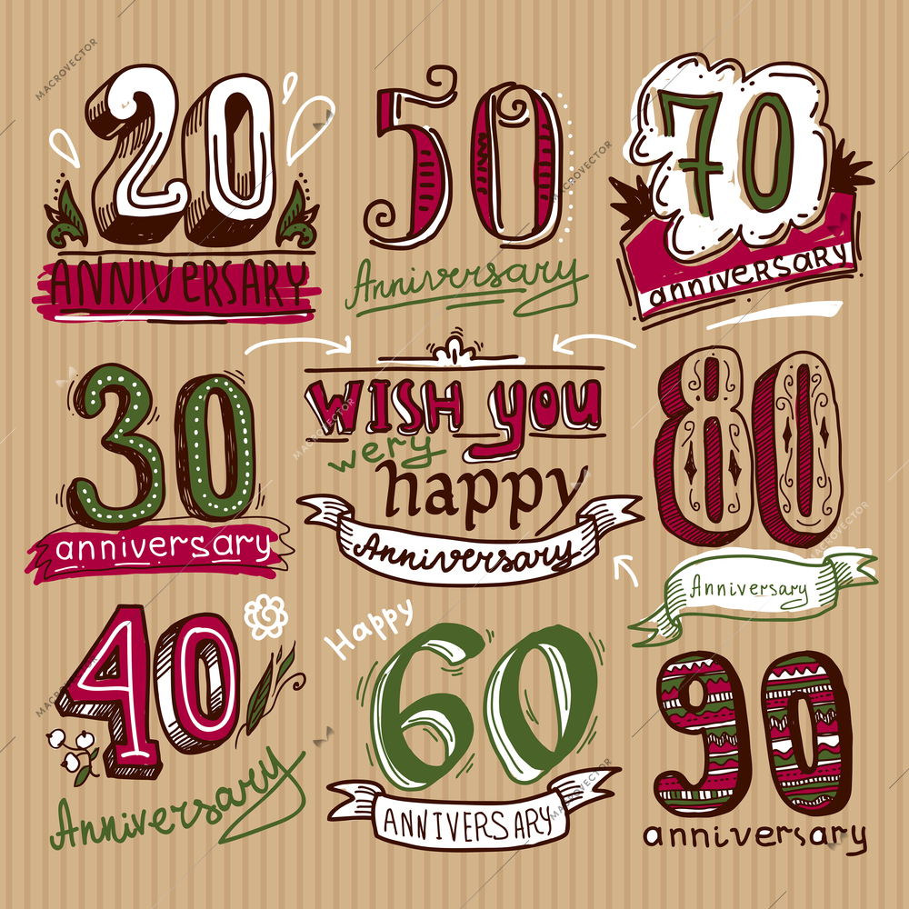 Anniversary celebration ceremony congratulations sketch signs colored collection set isolated vector illustration