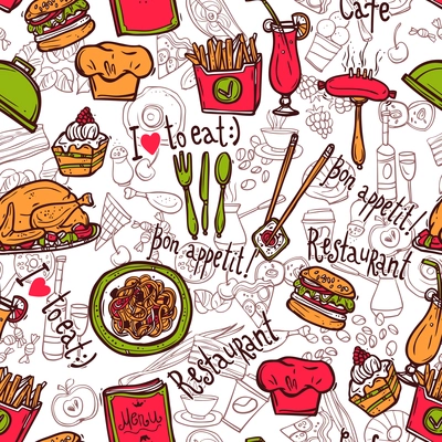 Cafe bar fast food hamburger chips symbols seamless restaurant wrap paper pattern doodle sketch abstract vector illustration