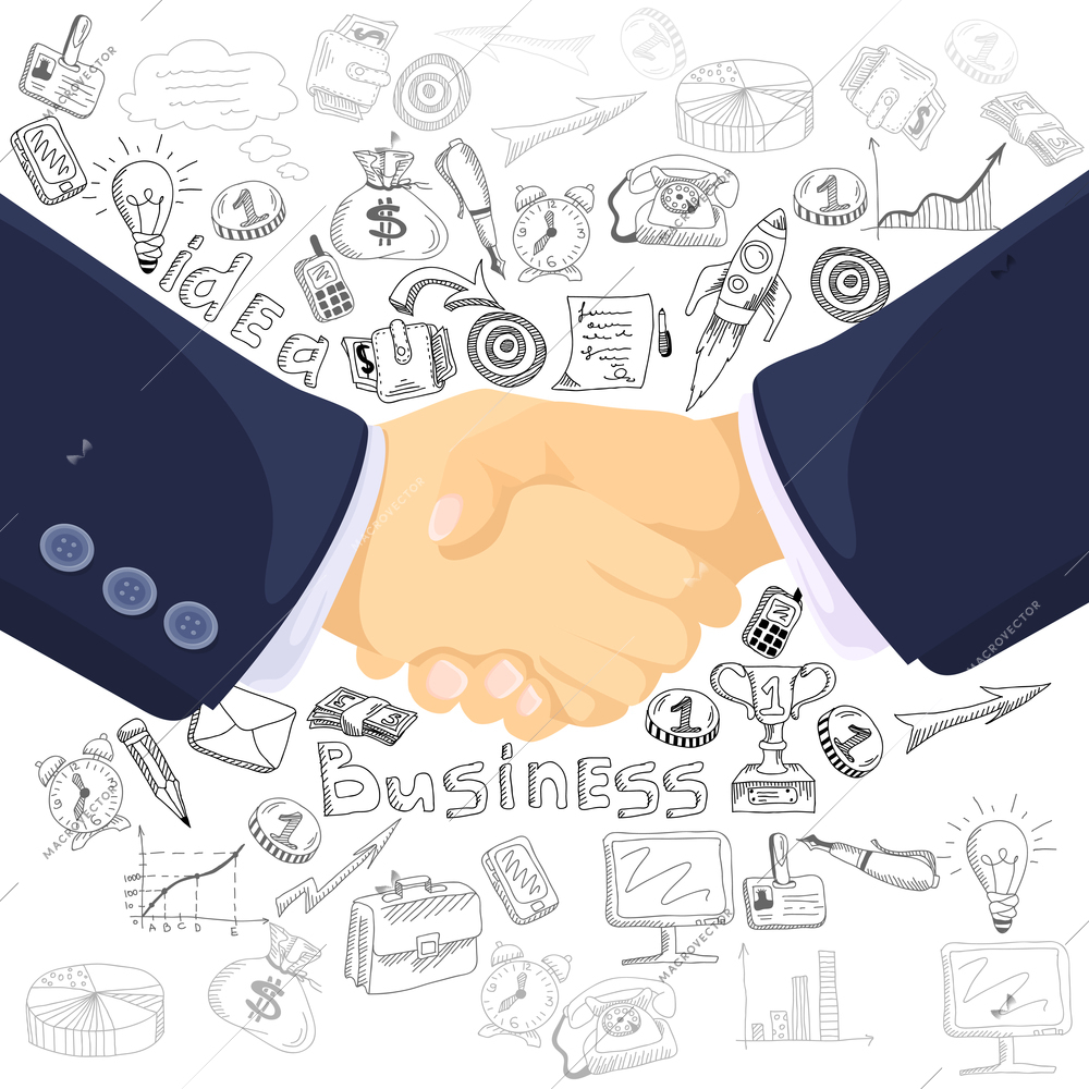 Successful business teamwork partnership concept black outlined icons composition with  prominent foreground handshake symbol abstract vector illustration