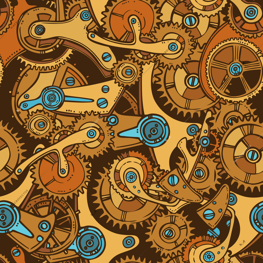 Sketch cogwheel gears mechanisms industrial engineers colored seamless pattern vector illustration