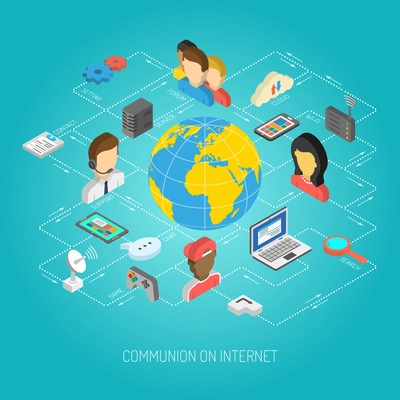 Internet flowchart concept with isometric web connection and communication icons and globe vector illustration