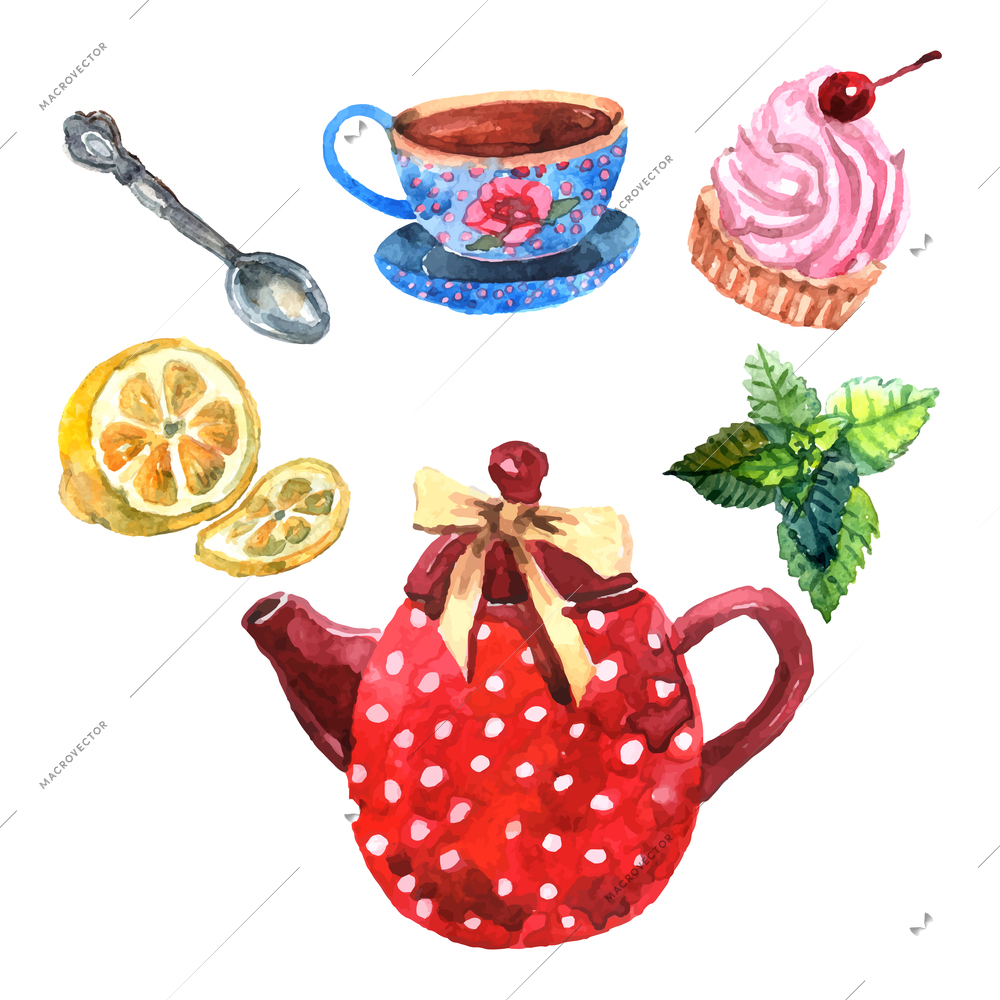 Watercolor tea set with cup teapot spoon and dessert isolated vector illustration