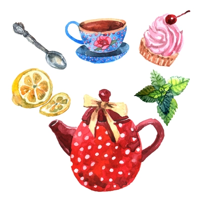 Watercolor tea set with cup teapot spoon and dessert isolated vector illustration