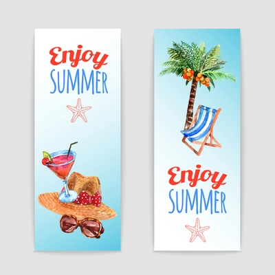 Enjoy summer vacation 2 watercolor travel agency banners set with palm and tropical cocktail abstract vector illustration