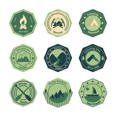 Outdoors tourism camping flat emblems set of fire camp tools and river isolated vector illustration