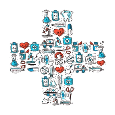 Medicine and healthcare concept with medical decorative icons in cross shape vector illustration