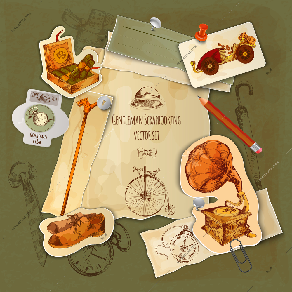 Gentlemen paper scrapbooking set with vintage sketch accessories vector illustration