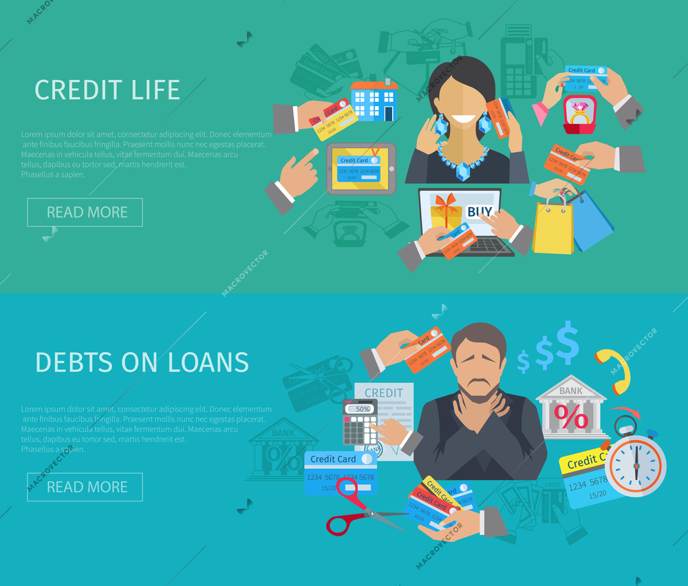 Credit life horizontal banner set with debts on loans flat elements isolated vector illustration