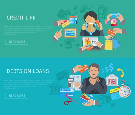 Credit life horizontal banner set with debts on loans flat elements isolated vector illustration