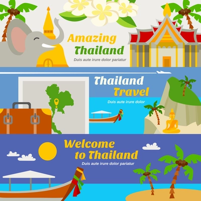 Thailand travel horizontal banners set with sights beach resorts and map flat isolated vector illustration