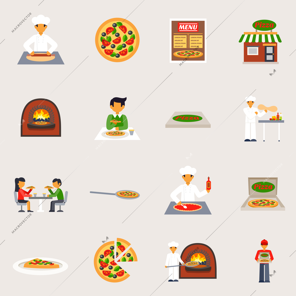 Pizzeria icons set with pizza oven and delivery flat isolated vector illustration