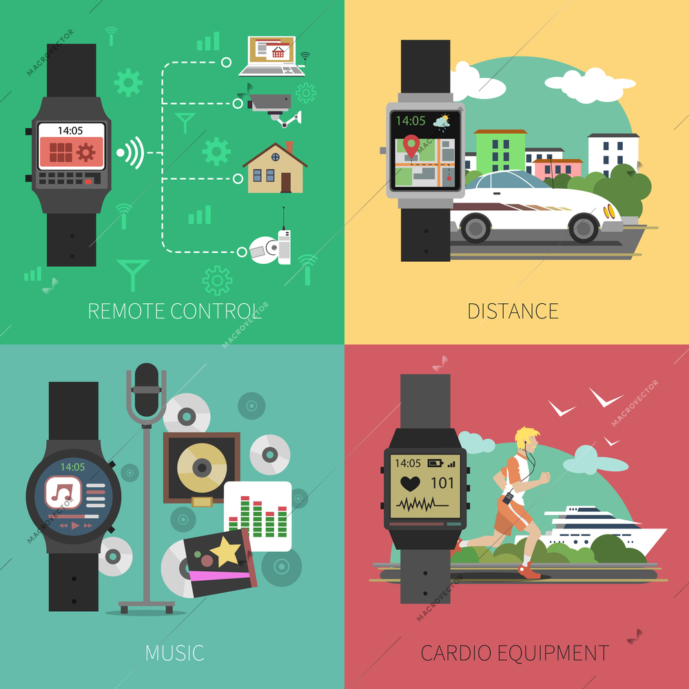 Smart watch design concept set with remote control and sport equipment flat icons isolated vector illustration