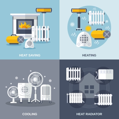 Heating and cooling design concept set with heat saving and radiator flat icons isolated vector illustration