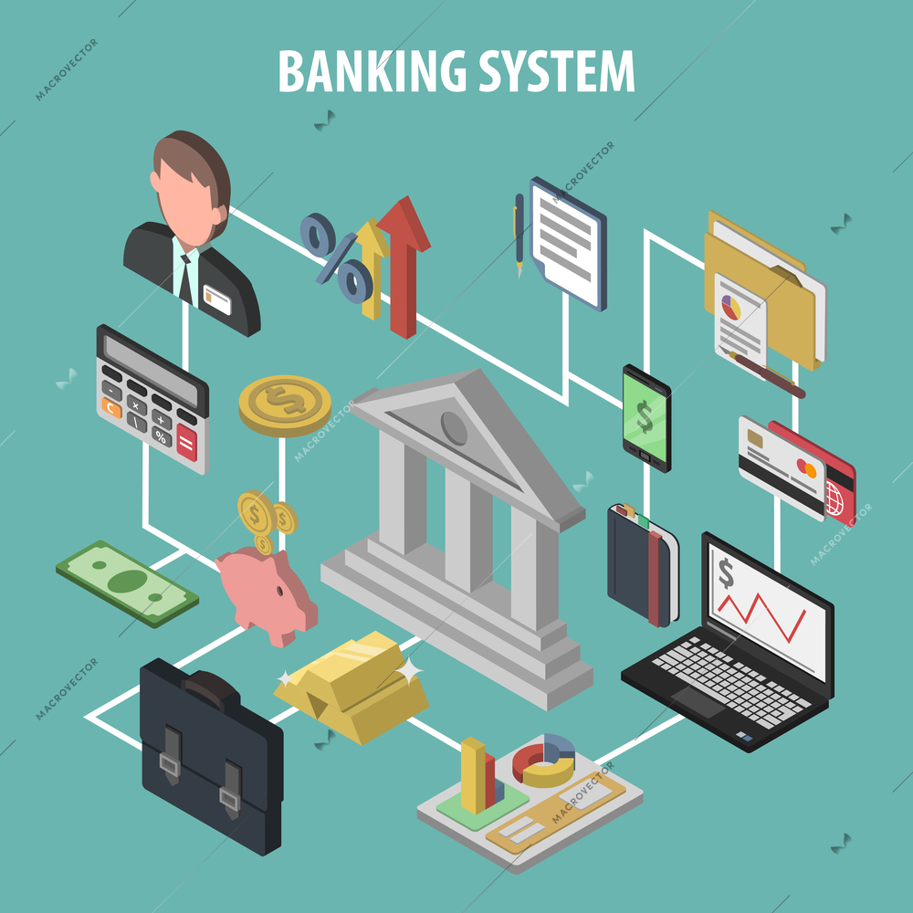 Bank concept with isometric financial and investment icons vector illustration