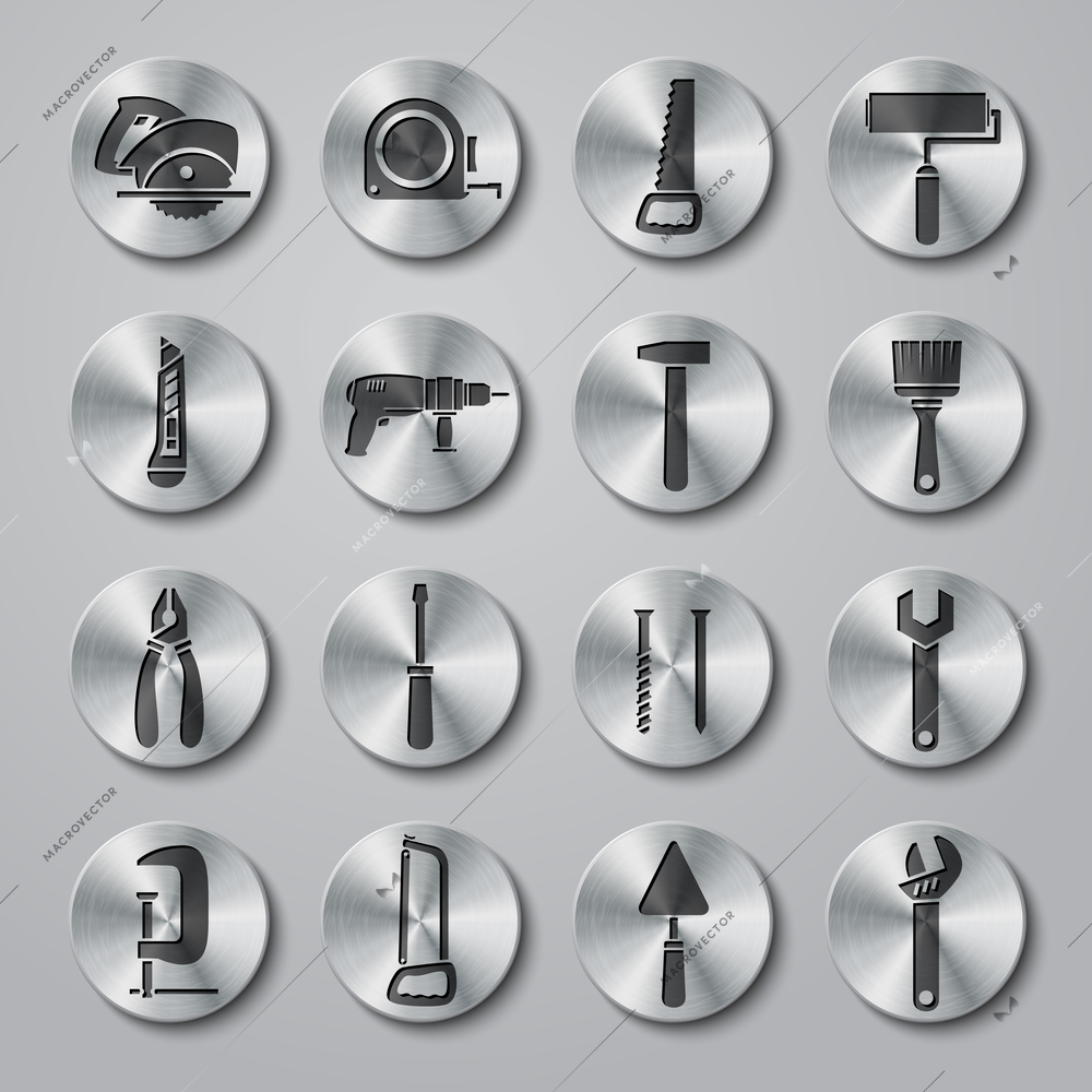 Toolbox icons set on round metal buttons of wrench hammer spanner and screw isolated vector illustration