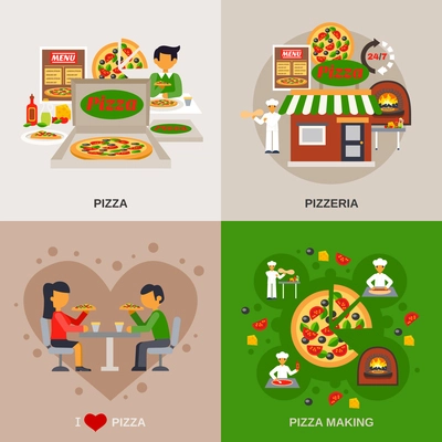 Pizzeria concept icons set with cooking date in a cafe and packaging flat isolated vector illustration