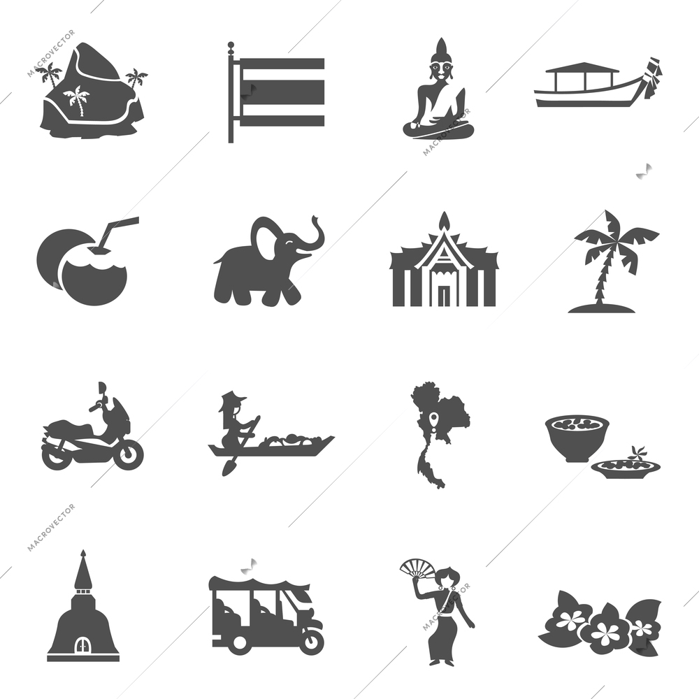 Thailand travel black white icons set with transport palaces and palms flat isolated vector illustration