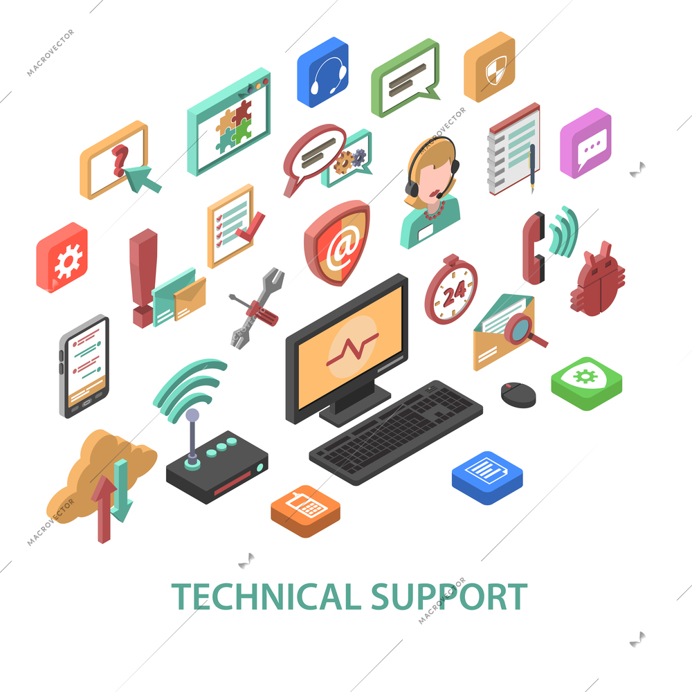 Technical support concept with 3d communication symbols set isolated vector illustration