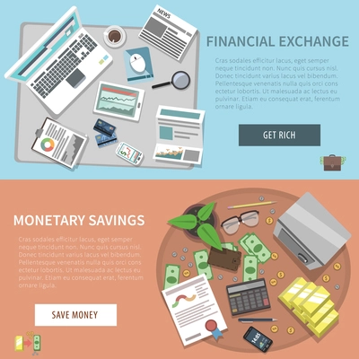 Bank horizontal banner set with financial exchange monetary savings elements isolated vector illustration