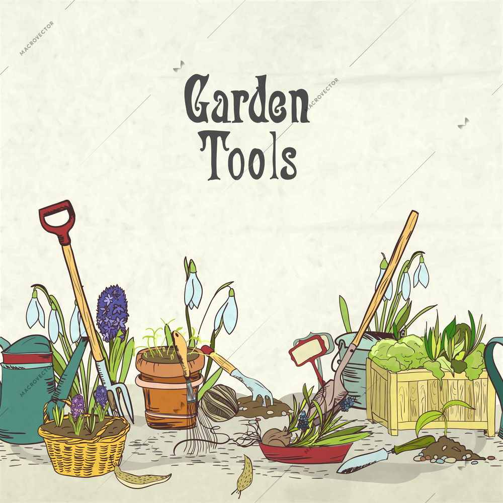 Hand drawn gardening tools album cover border or frame for plants flowers farming and agriculture vector illustration