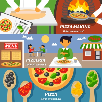 Pizza making horizontal banners set with pizzeria building menu and  ingredients flat isolated vector illustration